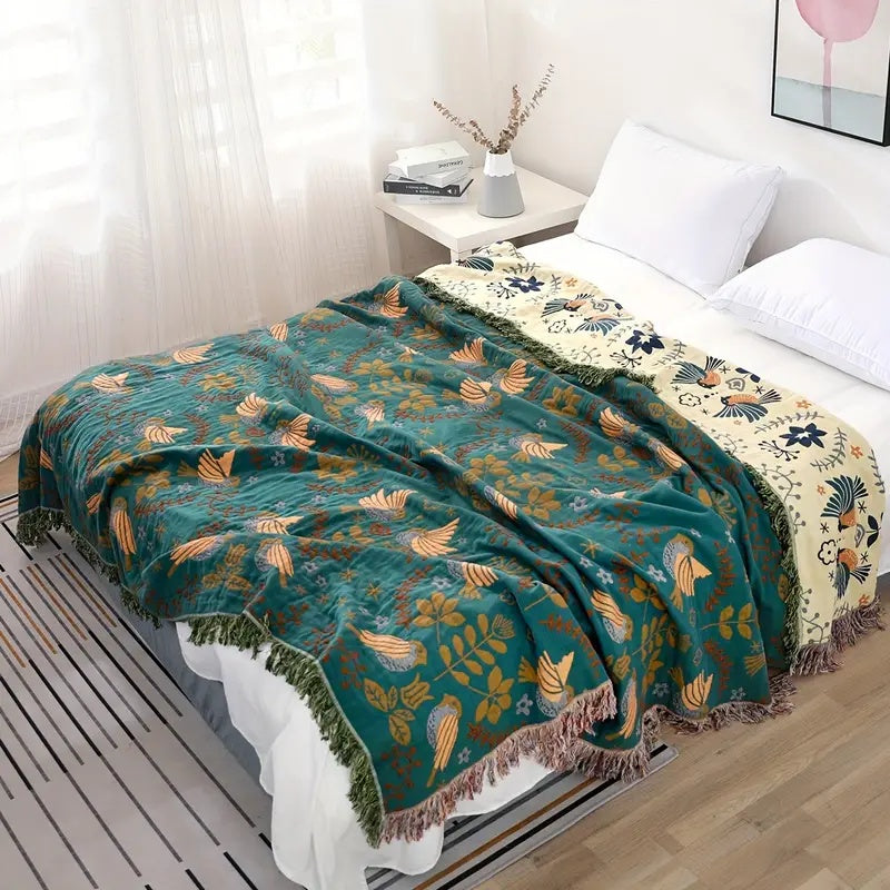 Plaid Reversibile Stile Scandinavo Motivi Uccelli 