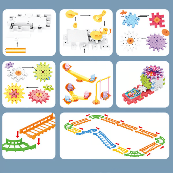 Elektrische Bausteine mit Zahnrädern für Kinder: Erstellen und Lernen 